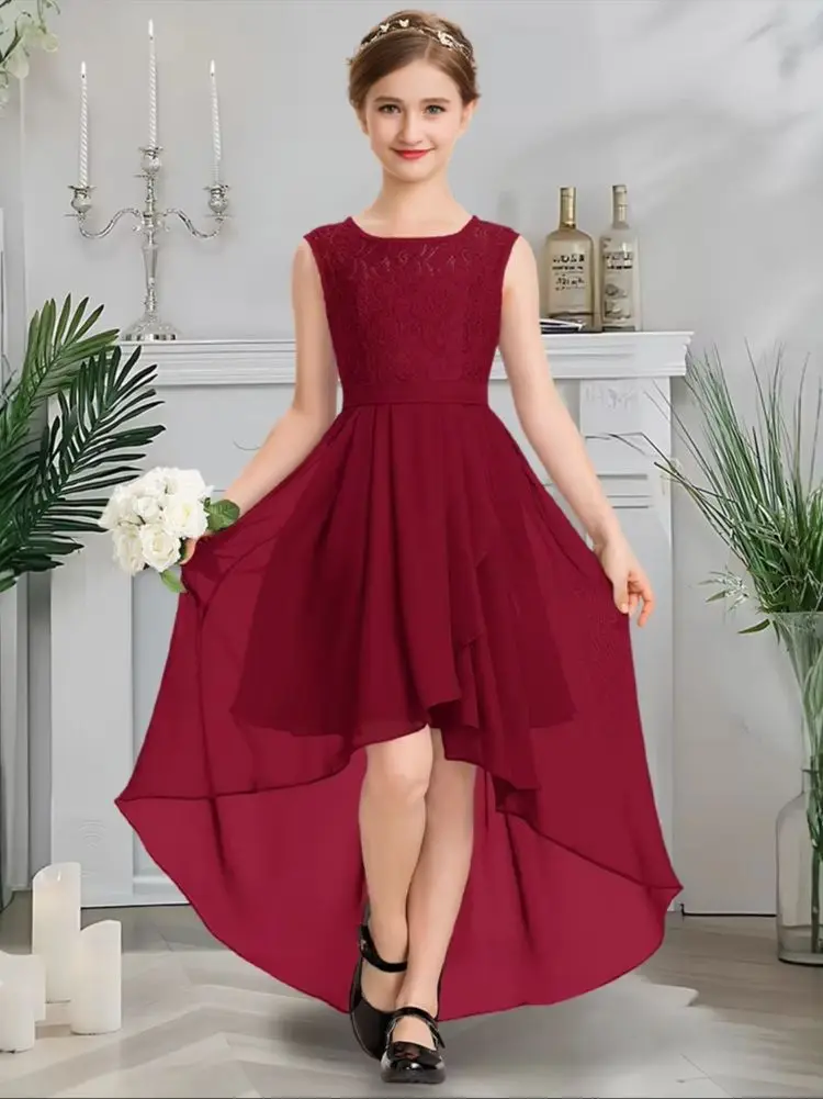 

JS Kids Child Scoop Neck Junior Bridesmaid Dress Onyx Flower Girl Dress Asymmetrical Chiffon Lace With Cascading Ruffles Wedding