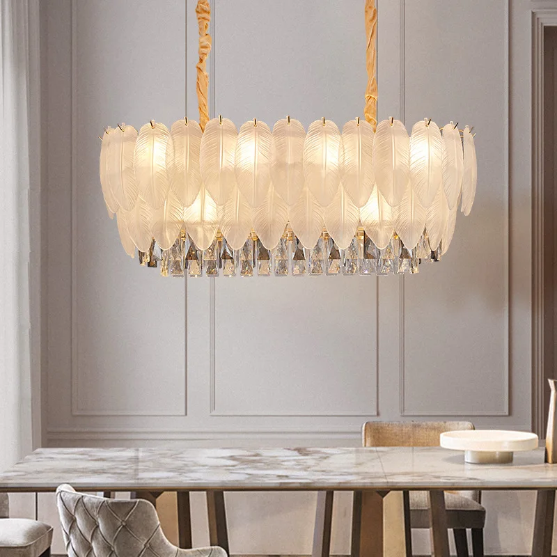 French Luxury Crystal Chandelier Feather Pendant Lamp Cream Style Villa Master Bedroom Dining Room Living Room Decoration