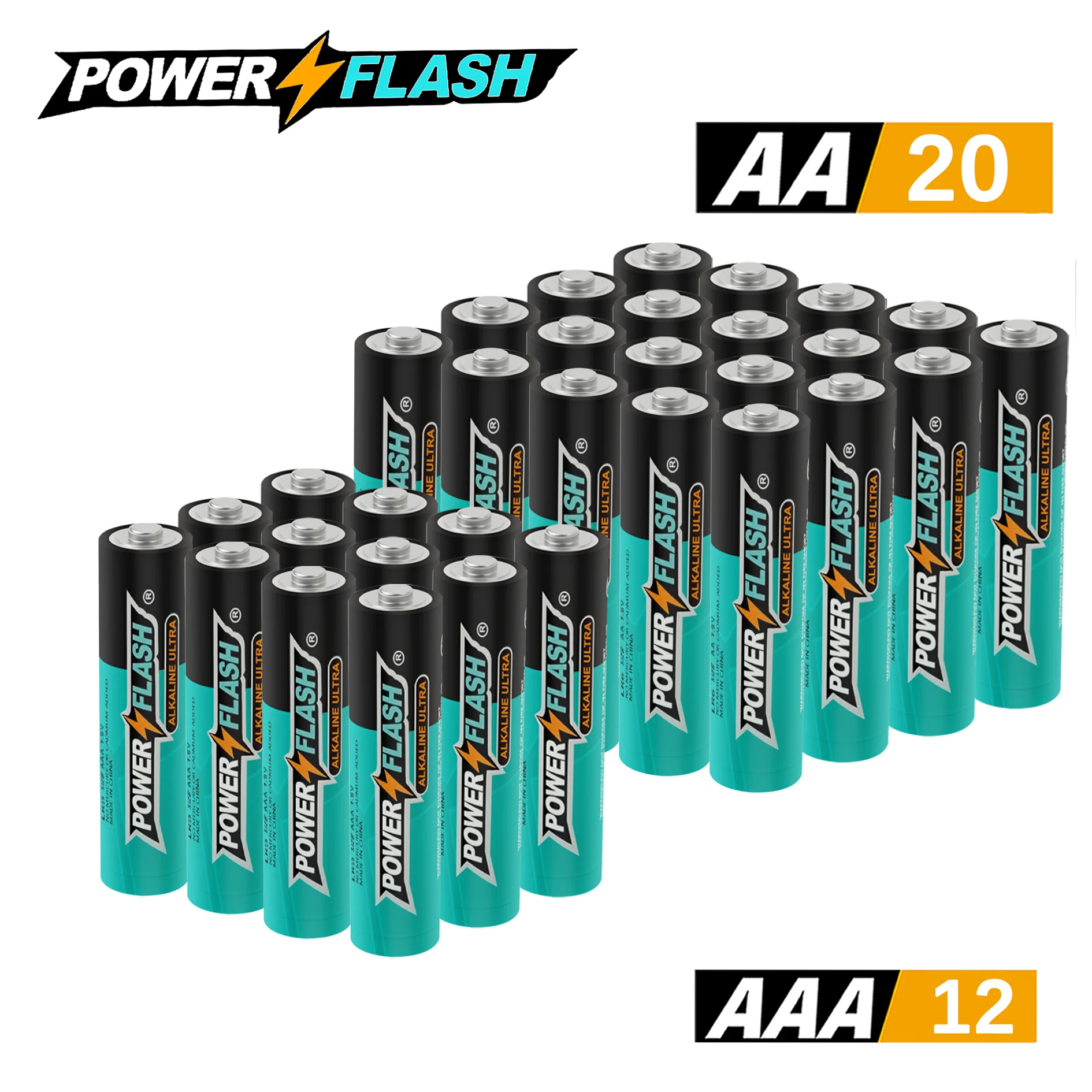 

Powerflash Aaa12 Aa20Pack Batteries Power, Leak-Resistant Design, 15-Year Freshness Guarantee, Alkaline Premium Batteries