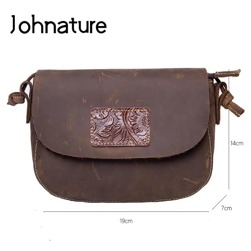 Johnature Genuine Leather Retro Women Bag 2024 New Versatile Natural Real Cowhide Solid Color Simple Shoulder & Crossbody Bags