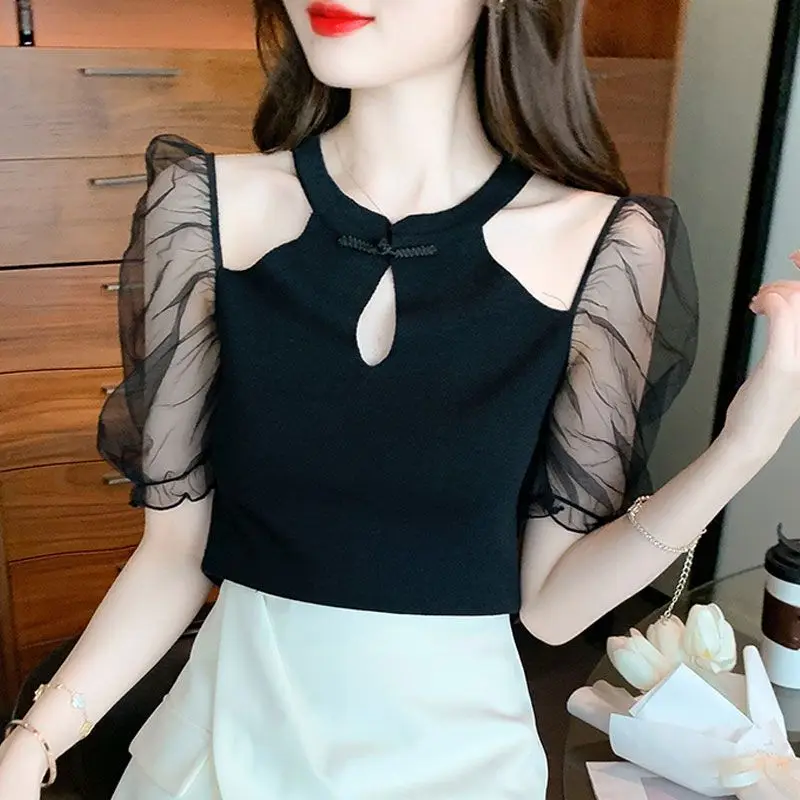 Fashion Mesh Spliced Solid Off Shoulder Tops Women\'s Clothing Summer Female Trend Sexy Hollow Out Slim Short Sleeve T-shirt