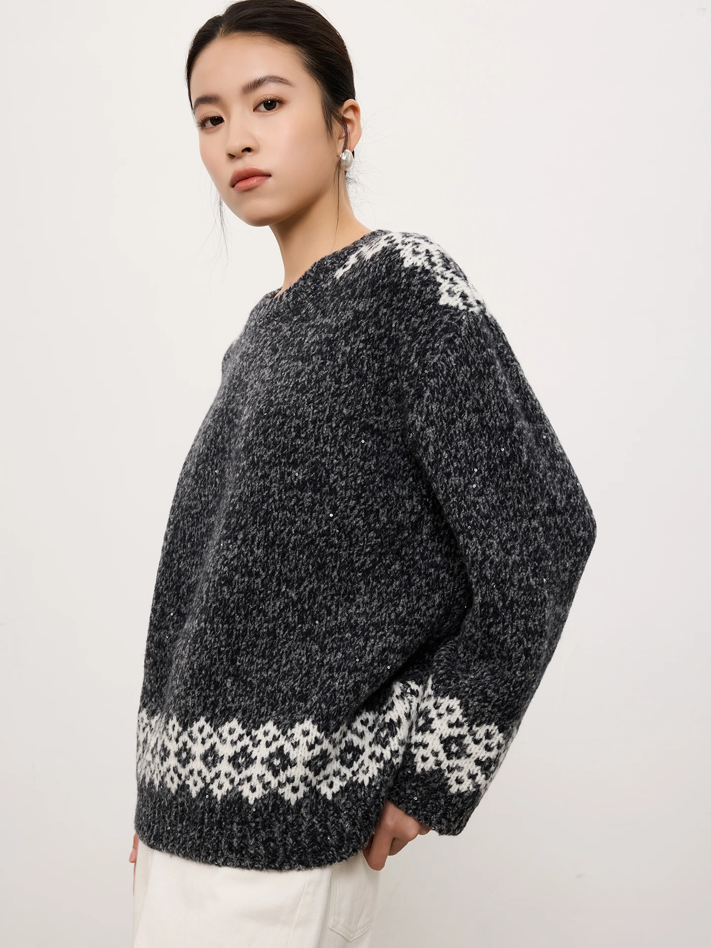 

Новый осенне-зимний повседневный шерстяной вязаный свитер Jaimin с цветочным узором, модный, свободного кроя, с круглым вырезом и длинными рукавами