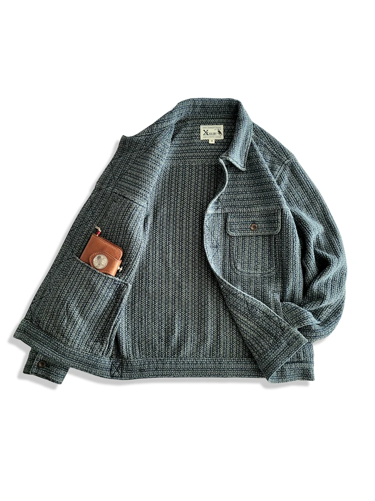 Amekaji Wear Clothes Men Honeycomb Stripes Denim Casual Jacket Coat Loose Version Japanese-Style Retro Washed Old