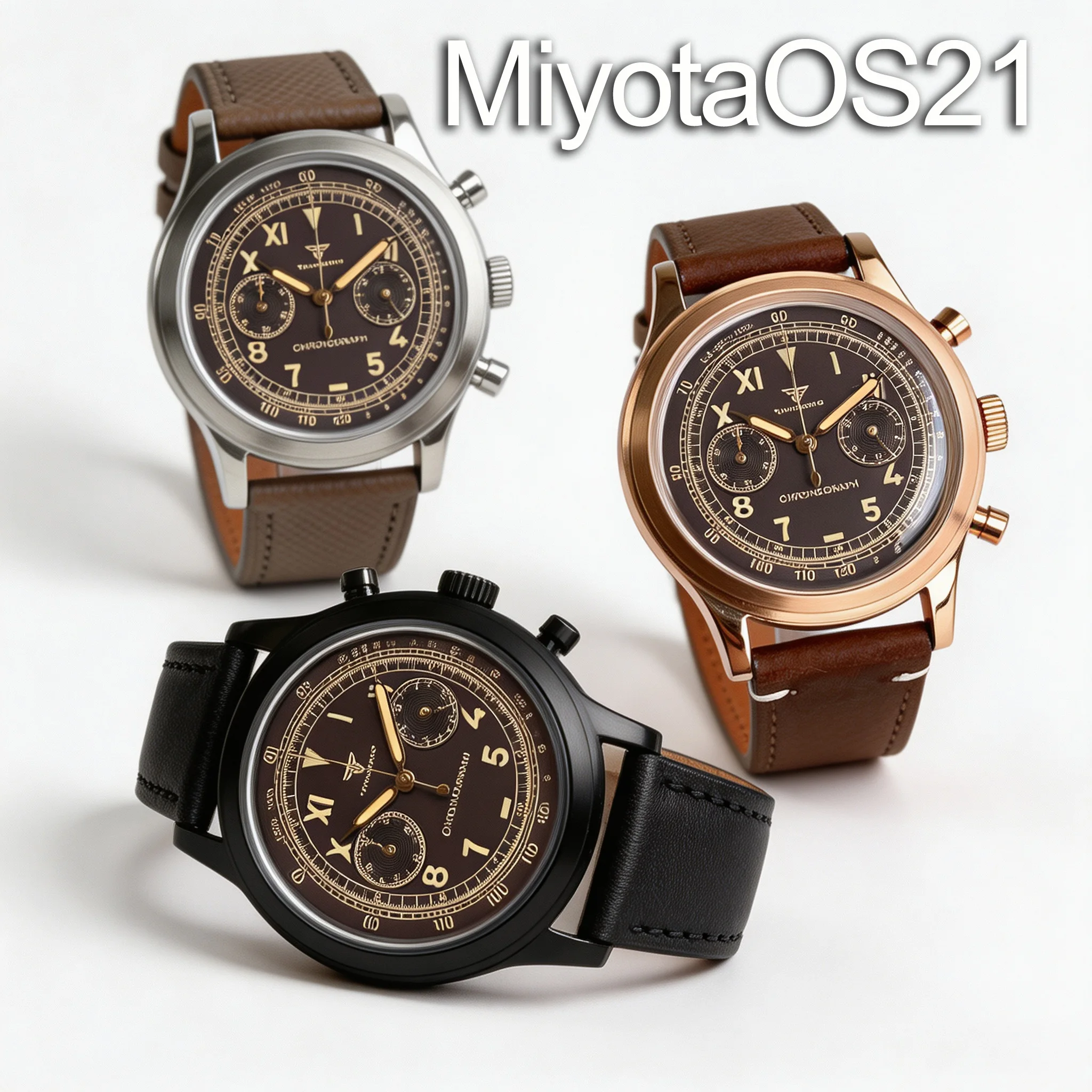 38mm Tandorio Retro Men's Watch Sport Watches Miyota OS21 Quartz Movement Black Rose Gold PVD Chronograph Bubble Arched Glass