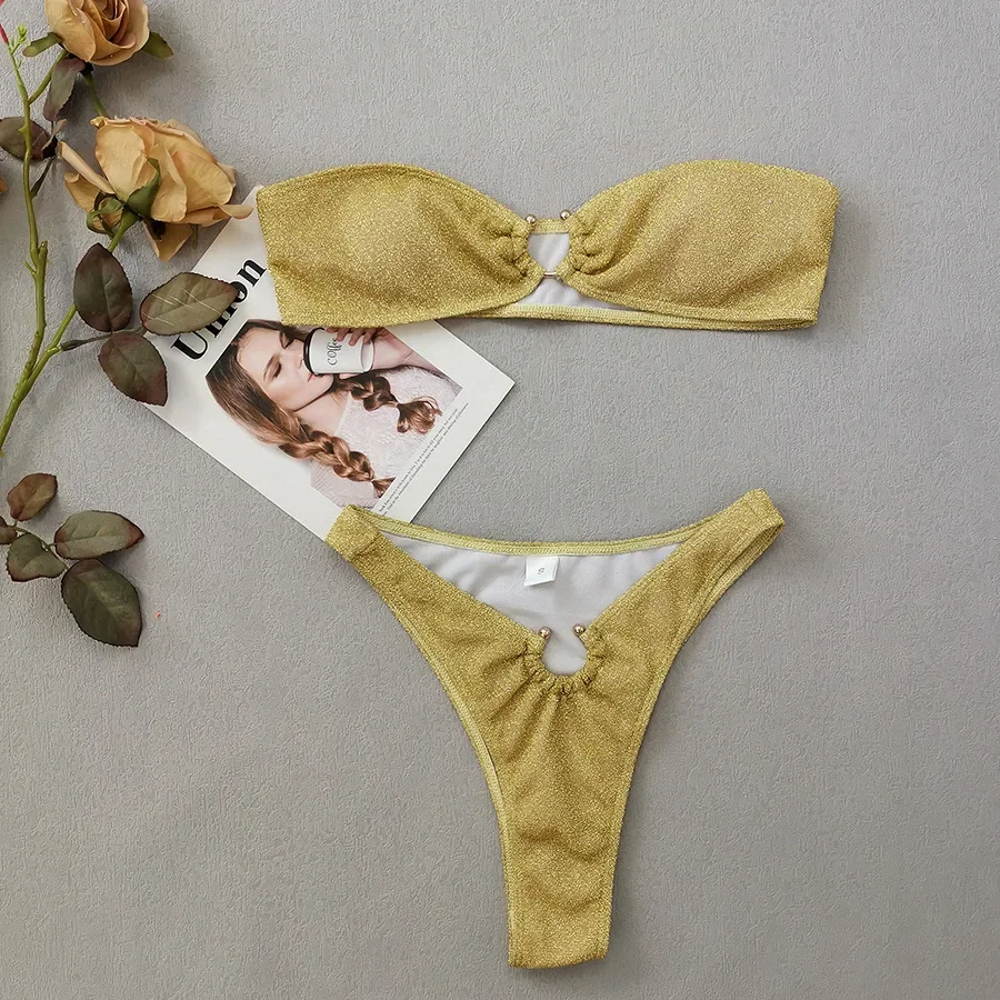 Sexy Gold-Glitzer-Bandeau-Bikini-Sets, zweiteilig, Metallring, Tanga, Badeanzug, Badeanzug, Bademode, Biquini, Bakini, Tankini