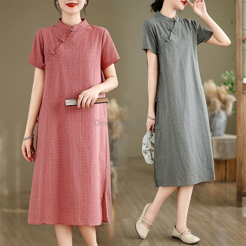 

2025 literature art retro Diagonal buckle chinese improved qipao summer new loose cotton linen qipao trendy plaid design dress