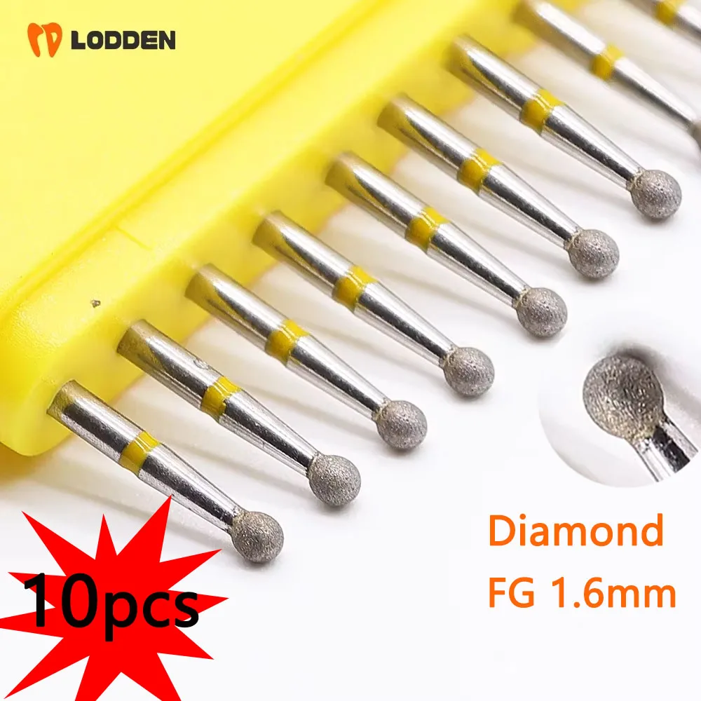 Lodden diamond burs are suitable for FG 1.6mm high-speed handpieces, ball-shaped, long-necked, and collared dental tools.