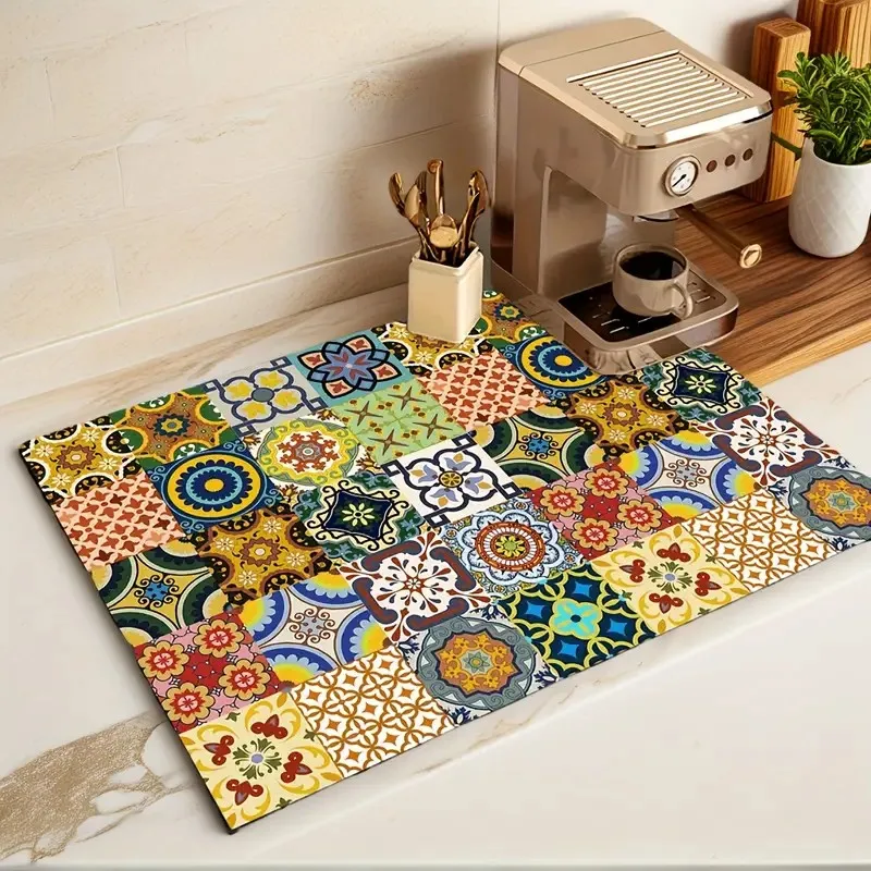 Retro-Boho-Stil, Wäschematte, rutschfeste, saugfähige Matte, Diatome, Geschirr, Küchentheke, Abflussmatte, Kaffeebar-Abflussmatte