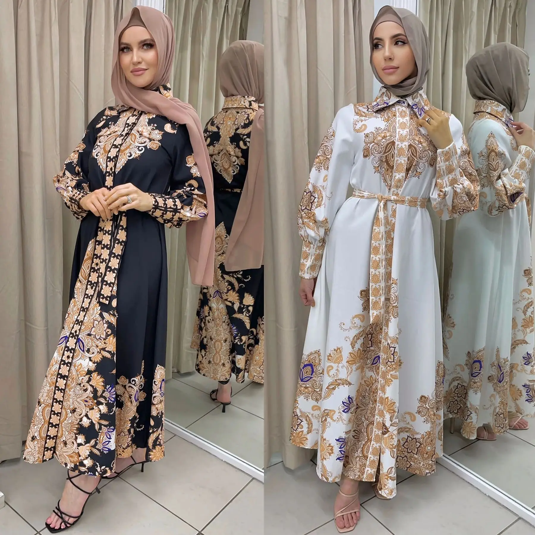 Arabic-print Swing Dresses Dubai Abayas for Women Vintage National Style Jalabiya Turn Down Collar Muslim Dress Islam Clothing