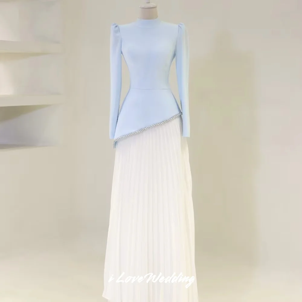 Purple O-Neck Evening Dress 2025 Satin Long Sleeve Beaded A-Line Pleated Floor-Length Prom Dress Wedding Party Dress Customized image 2