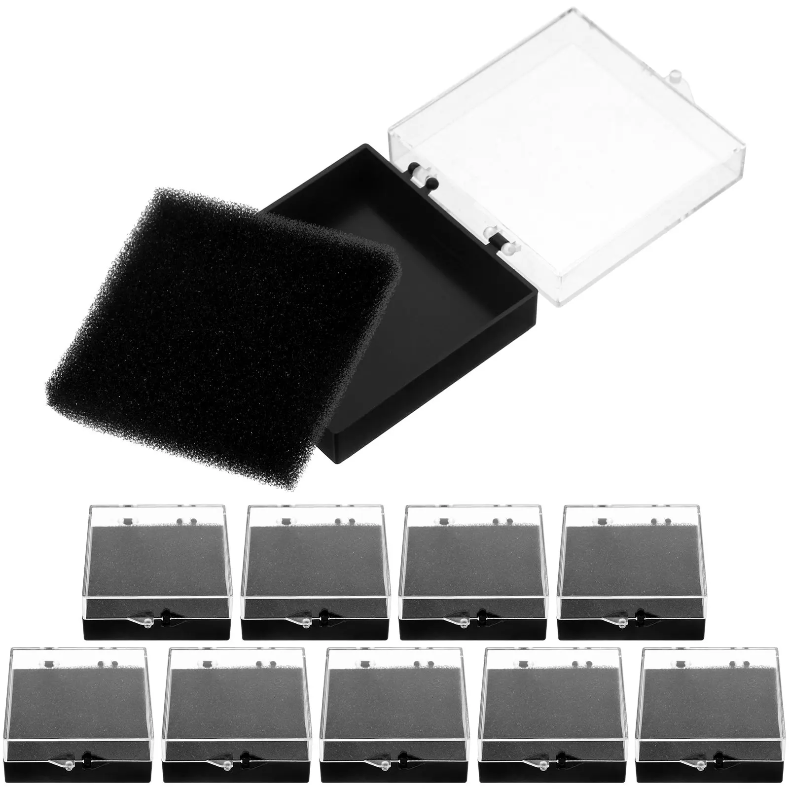 

Набор из 10 минималистичных демонстрационных коробок с черными губчатыми вставками – универсальное решение для хранения значков, кристаллов, образцов, ювелирных изделий
