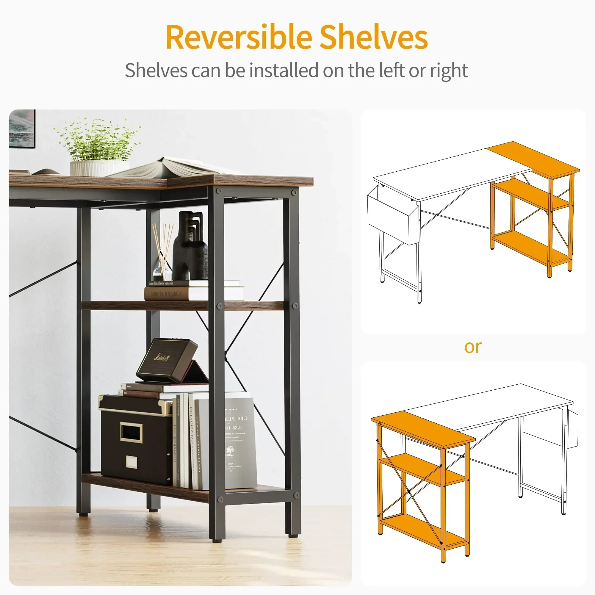 CubiCubi 55 Inch Small L Shaped Computer Desk with Storage Shelves Home Office Corner Desk Study Writing Table, Deep Brown