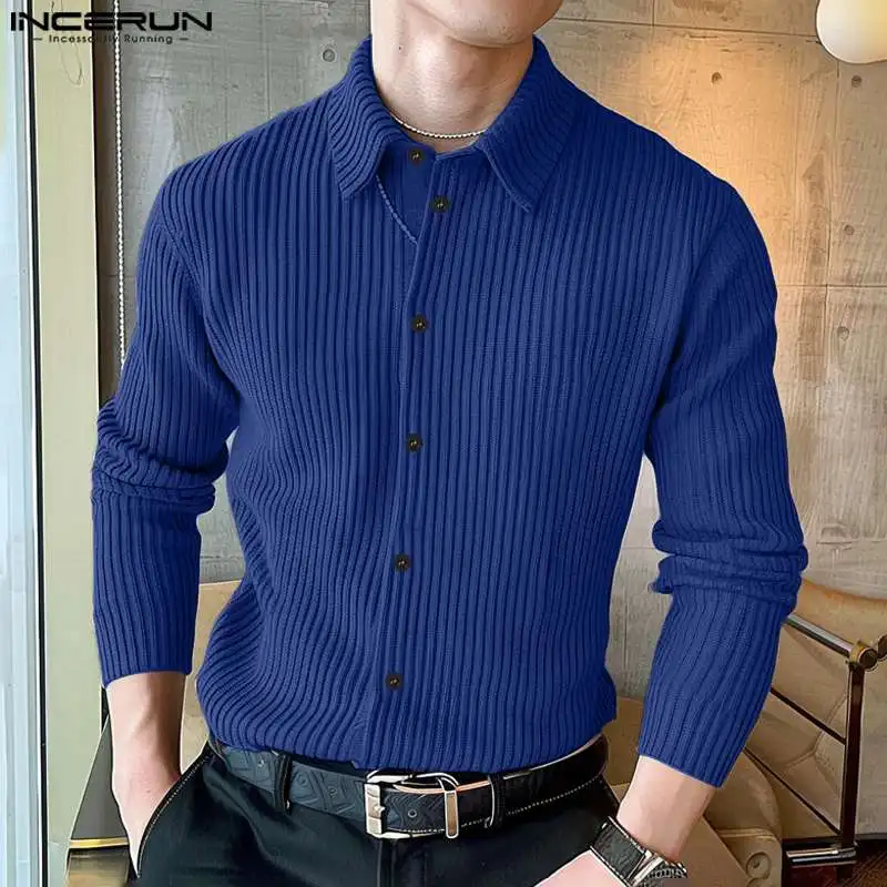 INCERUN Men Shirt Solid Color Lapel Long Sleeve Knitted Autumn 2024 Casual Men Clothing Streetwear Korean Fashion Male Shirts