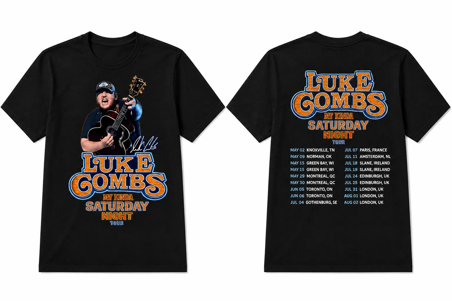 Luke Combs My Kinda Saturday Night Tour Black T Shirt Front & Back Print Unisex Cotton Country Music Fan UK Fast Delivery Tee
