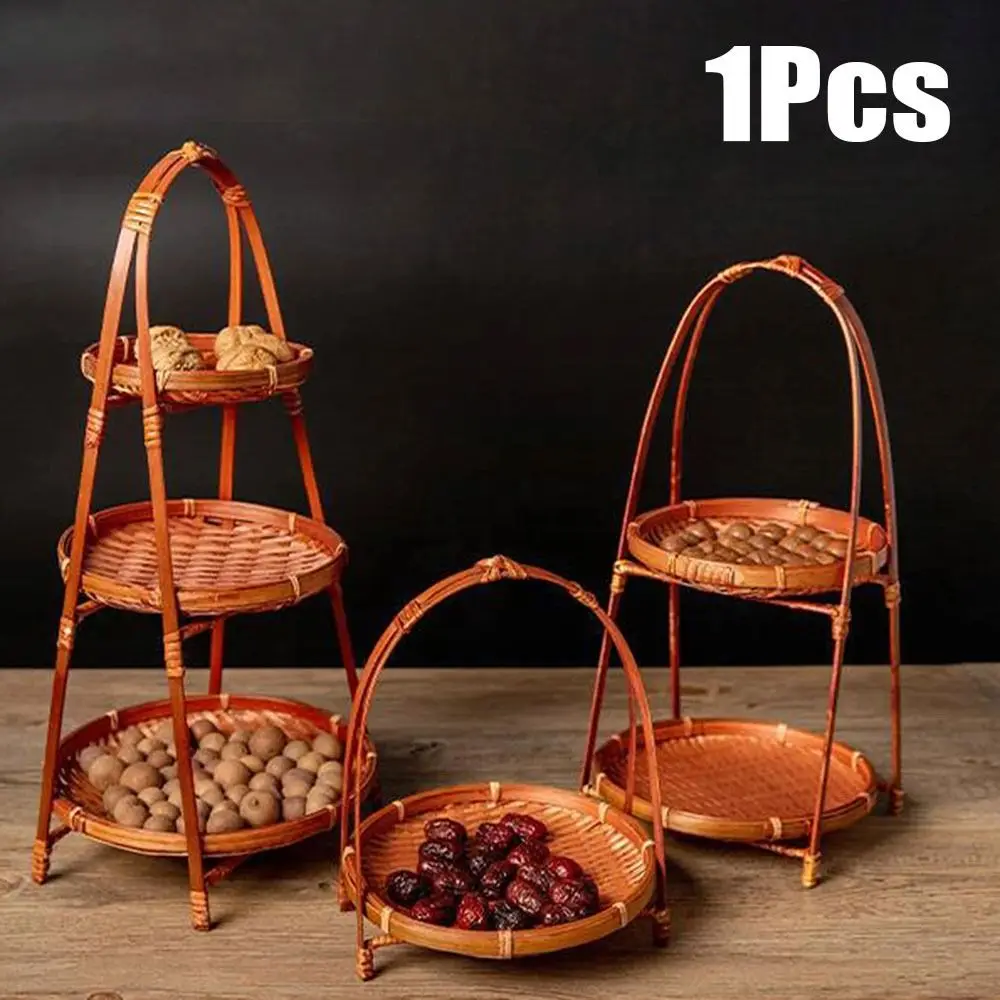 1Pcs Fruit Food Vegetable Bamboo Woven Basket Multi-function Handwoven Standing Tray 1/2/3 Layers Storage Basket For Kitchen