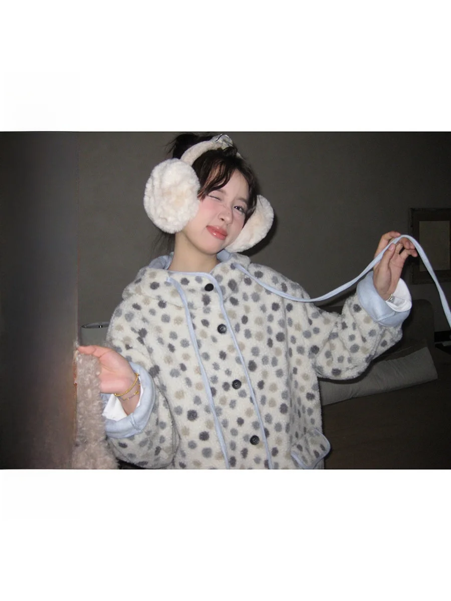 

Женская теплая хлопковая куртка в стиле ретро с капюшоном и принтом в горошек, утепленная, с длинными рукавами, свободного кроя, в корейском стиле