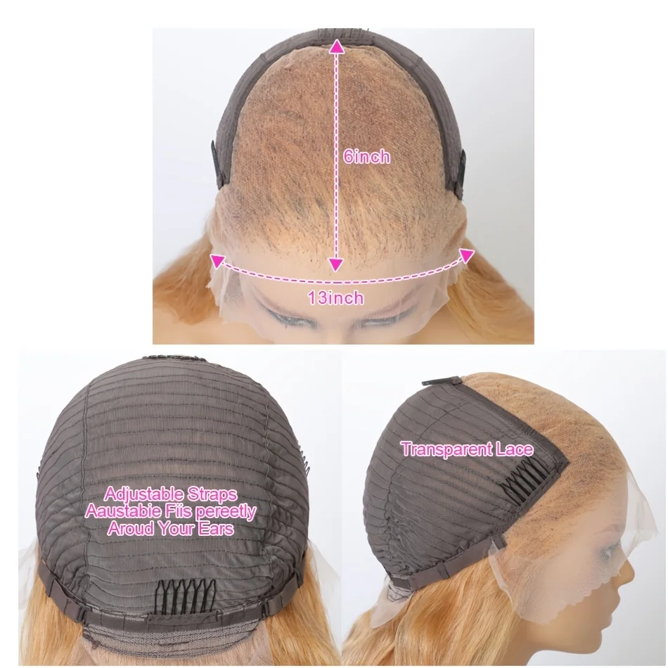 32 Inch Honey Blonde Wig Human Hair Wig 13x6 Transparent Lace Frontal Wigs Pre Plucked Body Wave Wig 200% Density #27 Colored