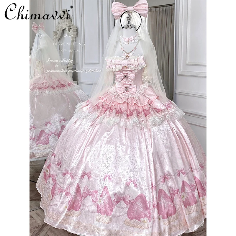 

Sweet Princess Birthday Anniversary Wedding Dress 2025 New Lolita Cute Bow Sexy Strapless Girl Temperament Puffy Lace Dress