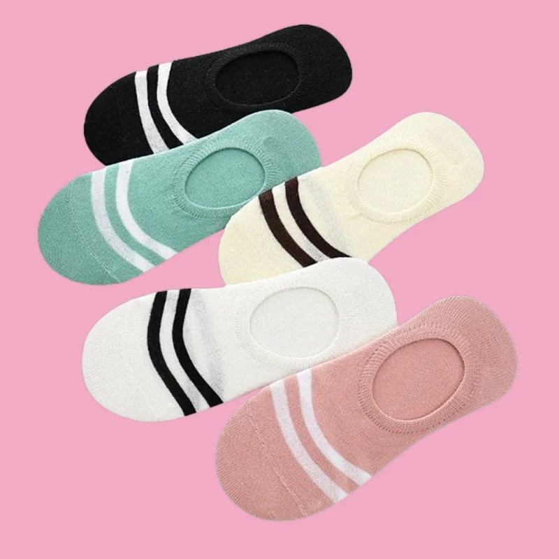 

5/10 Pairs Two Stripes Women's Invisible Socks Silicone Low Cut Breathable Socks Cotton Boat Socks Anti-shedding Student Socks