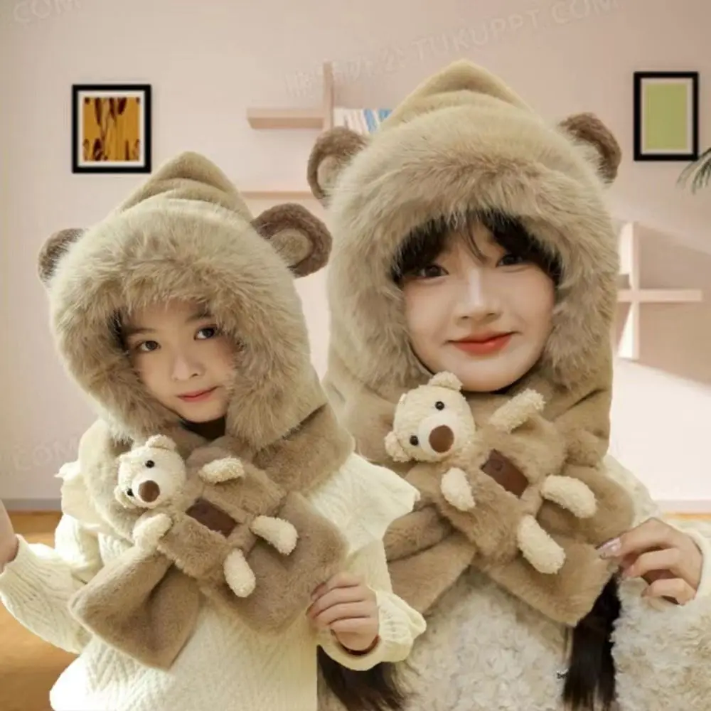 Cartoon Bear Children Integrated Hat Scarf Plush Windproof Kids Ear Protection Cap Winter Warm Soft Outdoor Ski Hood Beanies