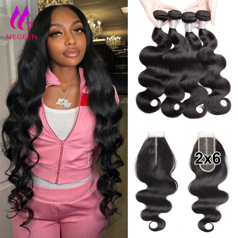 Megeen 2X6 Hd Lace Closure With Bundles Human Hair Body Wave Brazilian 3/4 Weave Extensions And Transparent Lace Closure Sew In