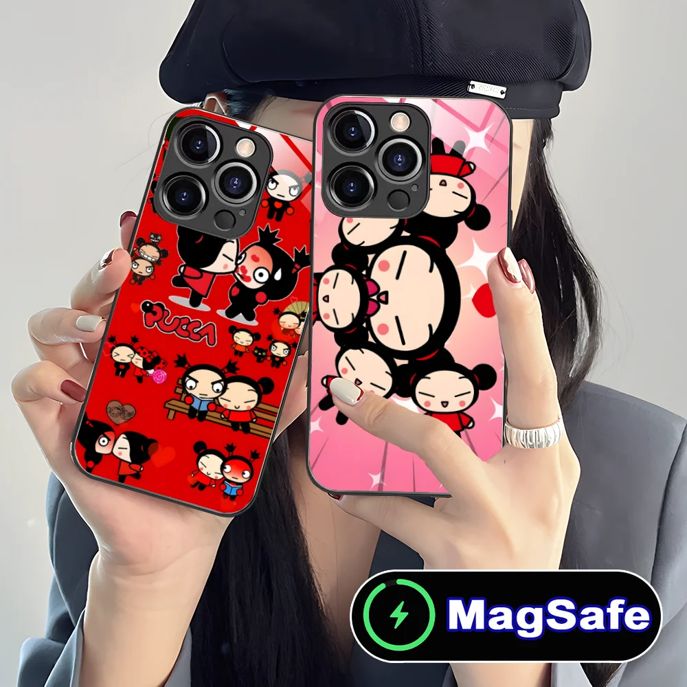 Cartoon P-Pucca Phone Case for iPhone 16 15 14 13 12 11 Pro Max Plus Mini MagSafe Wireless Charging Glass Cover Cellphones