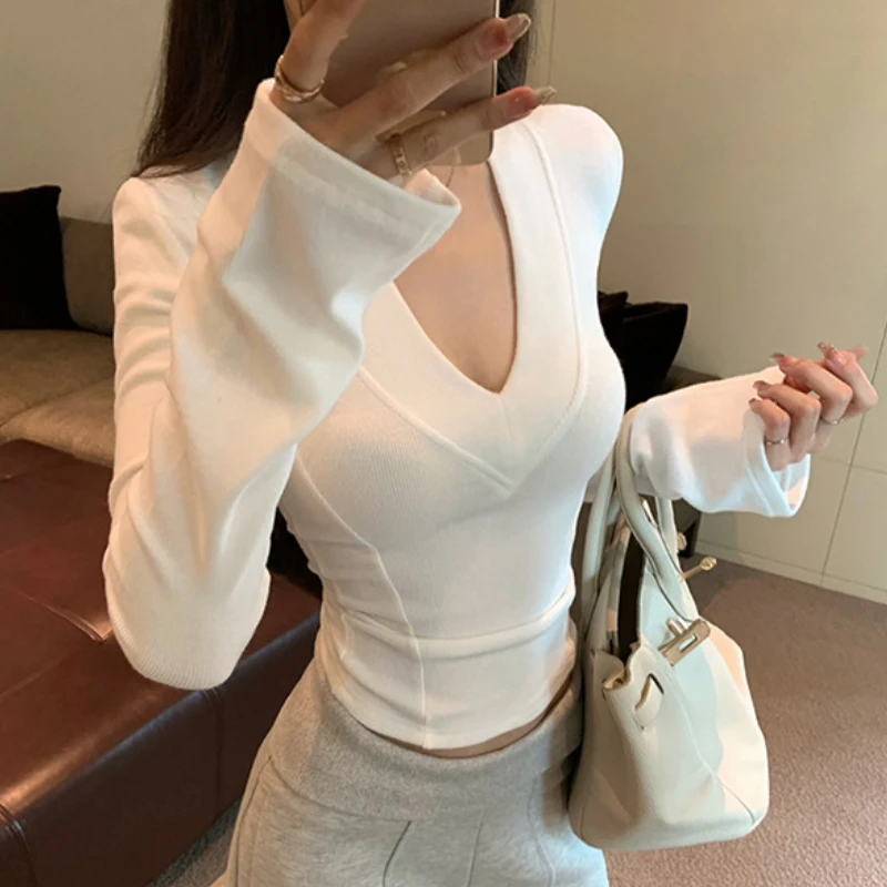 Moda estilo coreano feminino nova primavera outono chique vento maduro quente manga longa all-match camiseta com decote em v camisa base interior