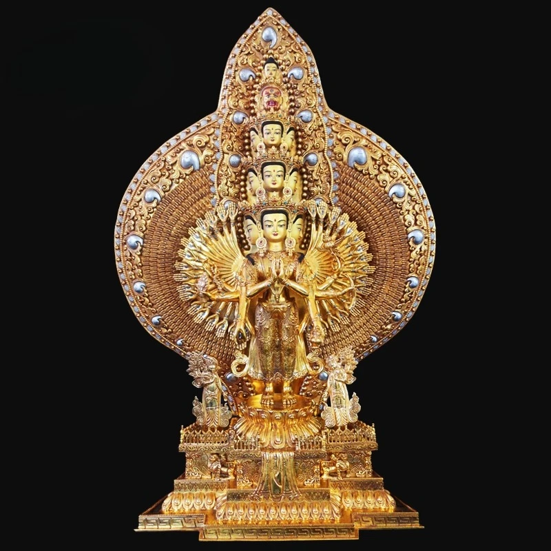 Nepal Handmade Pure Copper Golden Thousand Hands Avalokiteshvara Statue Tibetan Buddhism Decor