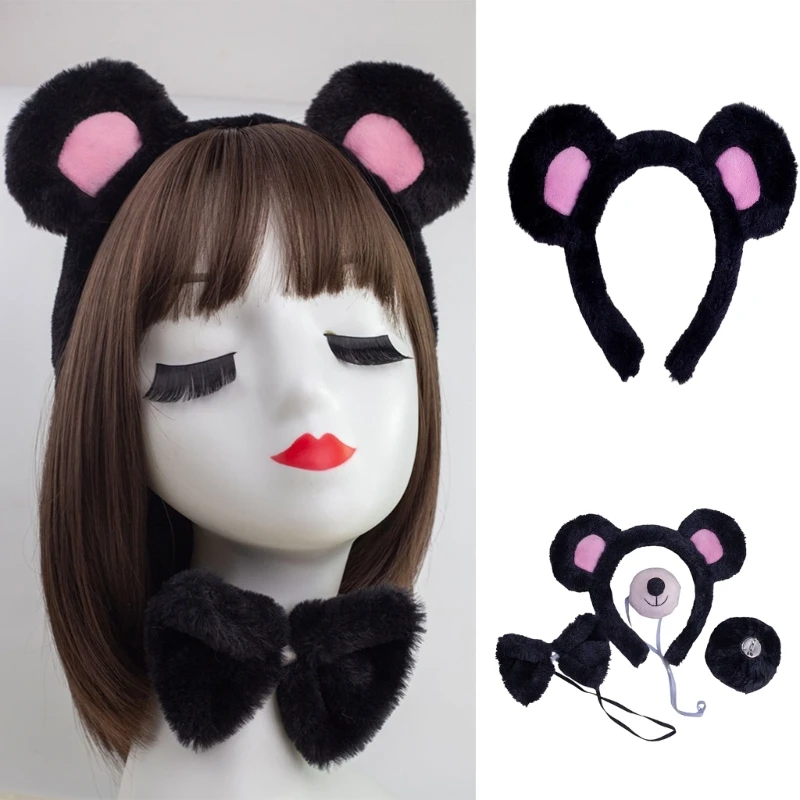 

Bear Costume Set Ears Headband Tail Bowtie Nose Halloween Animal Cosplay Props M6CD