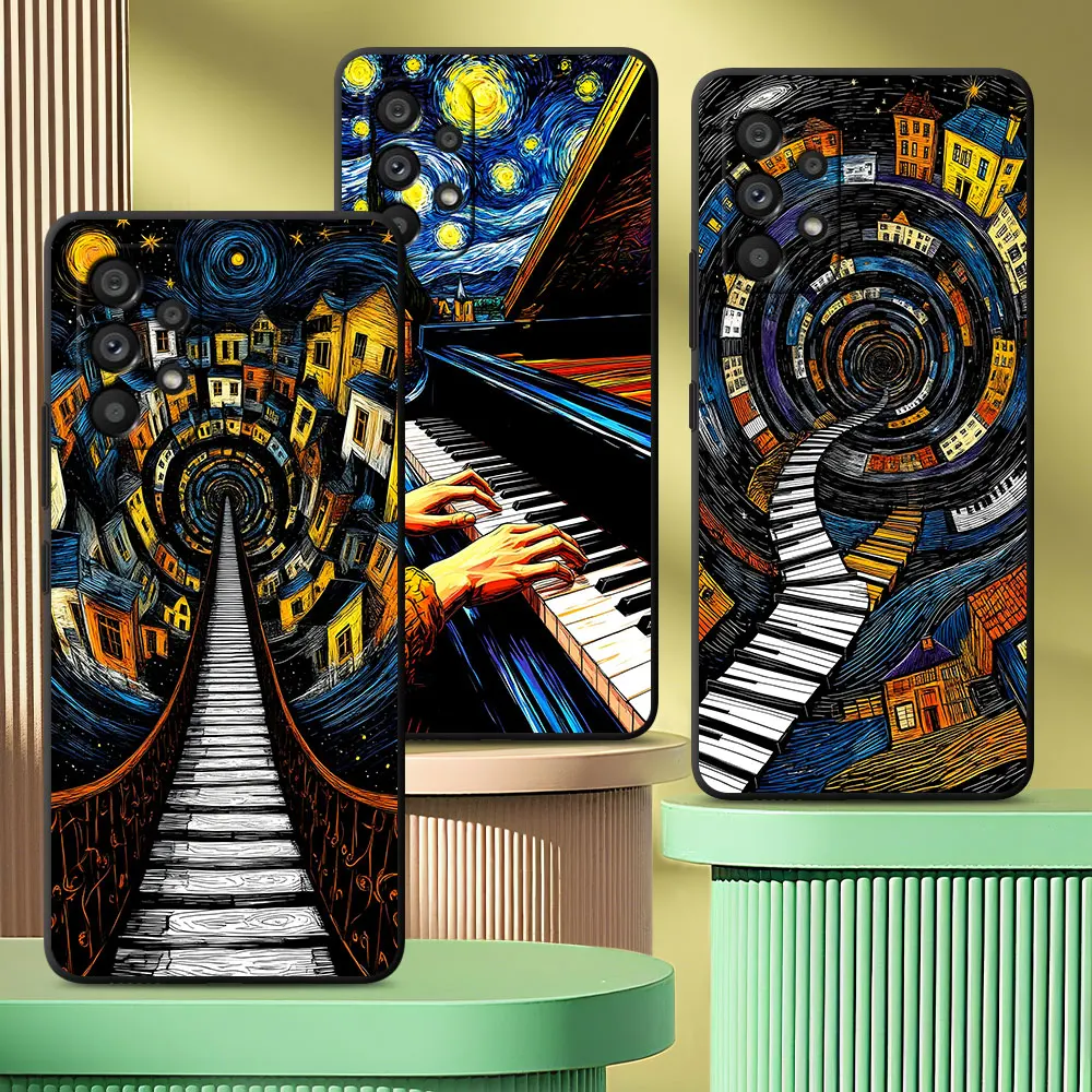 Van Gogh Starry Piano Case for Samsung Galaxy A50 A10 A20e A20s A03 Core A5 A7 A70 A40 A04s A50s A04 A8 TPU Black Phone Cover