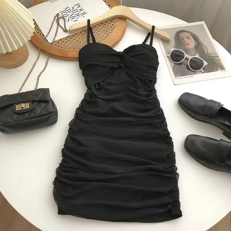 

Korean Fashion Sexy Pleated Mini Dress Summer With Chest Cushion Dress For Women Y2k