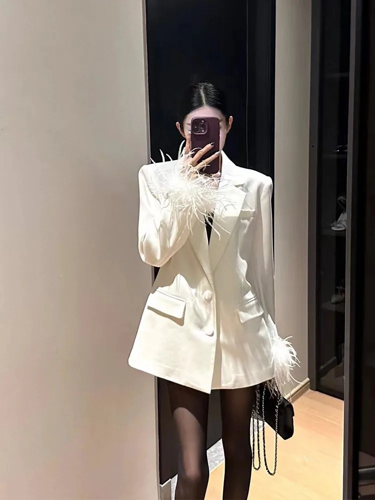 

White Design Sensation Women's Suit Jacket Waist-Cinching Double-breasted Commute-and-daily Wear French Style Fashion