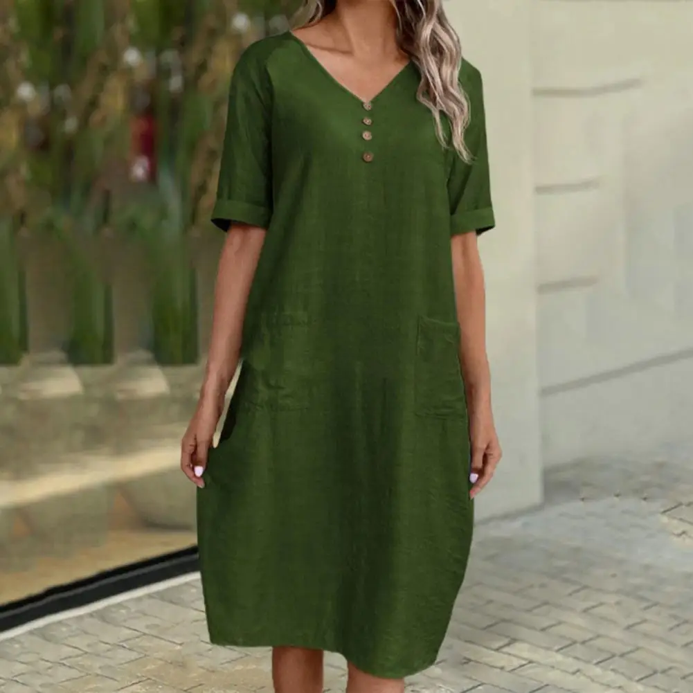 Women Summer Dress Stylish V Neck Midi Dress with Button Decor Side Pockets for Women Knee Length Summer Dress Plus Size Solid