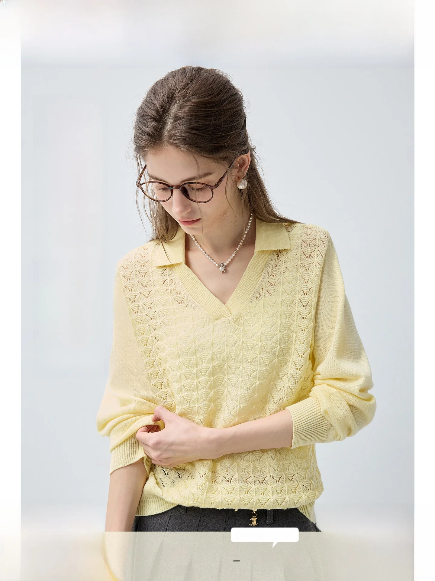 

Large Size Women's Knitted Woolen Sweater Shoulder Hollow Long Sleeve Spring Slimming Top V-neck Standard Fit Commute Style
