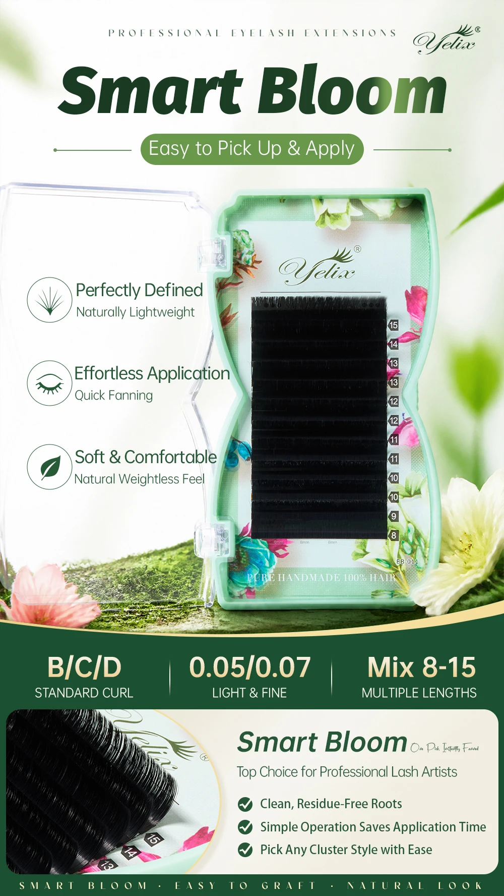 Yelix Smart Bloom Neue Aktualisierung Easy Fan Volume Wimpernverlängerungen Verschiedene Stile Faux Mink B C D Curl 0,05/0,07mm Gemischte Längen Wimpern – Detail 1