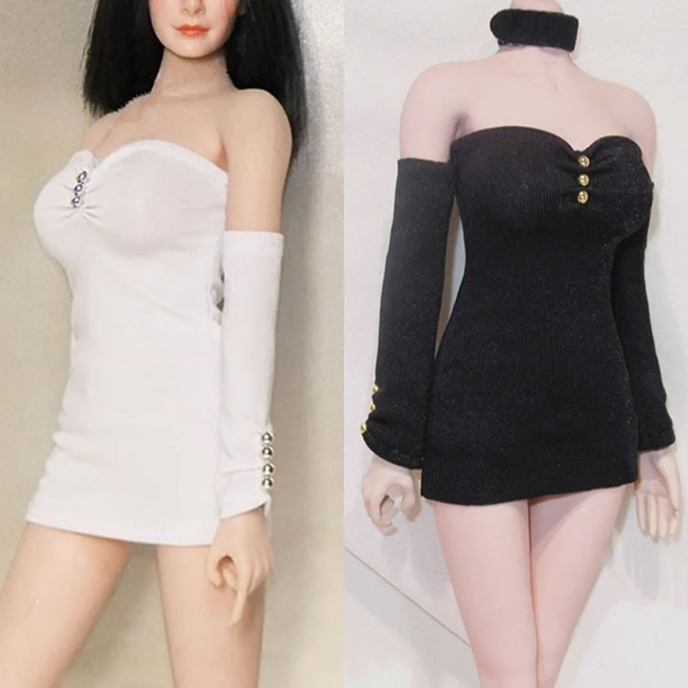 

1/6 Women Soldier Dress Bodycon Sexy Tight Short Dress White Strapless Dress With Sleeve For 12 Inches Action Figure Model