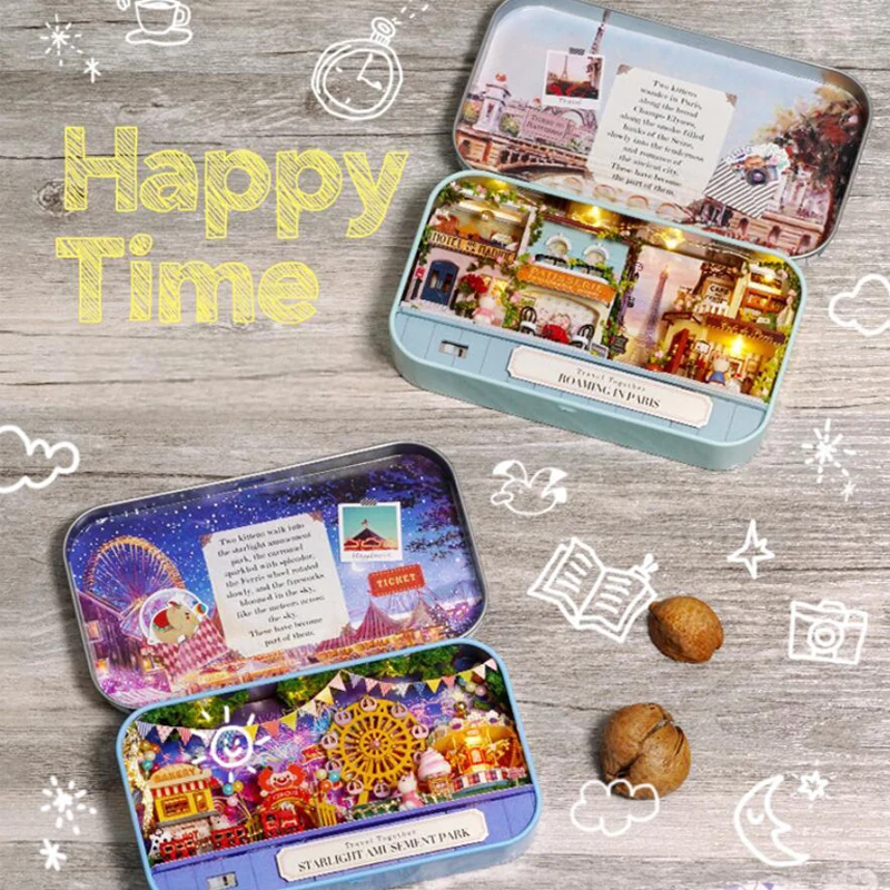 OUZEY Kotak Kayu 3D DIY - Tema "Karnaval Cahaya Bintang", "Mimpi Floral", dan "Jalan-jalan Paris", Hadiah Kerajinan Miniatur