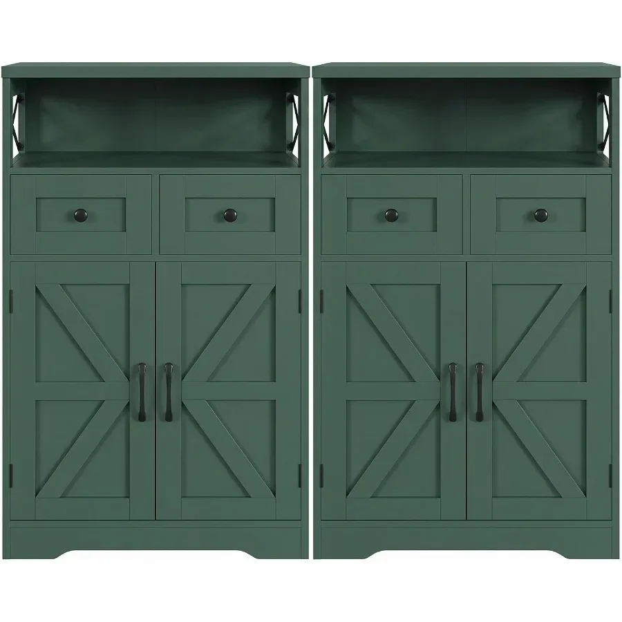 Farmhouse Storage Cabinet Set of 2 for Kitchen Pantry and Coffee Bar, Wood, White, Rustic Style with Adjustable Shelves