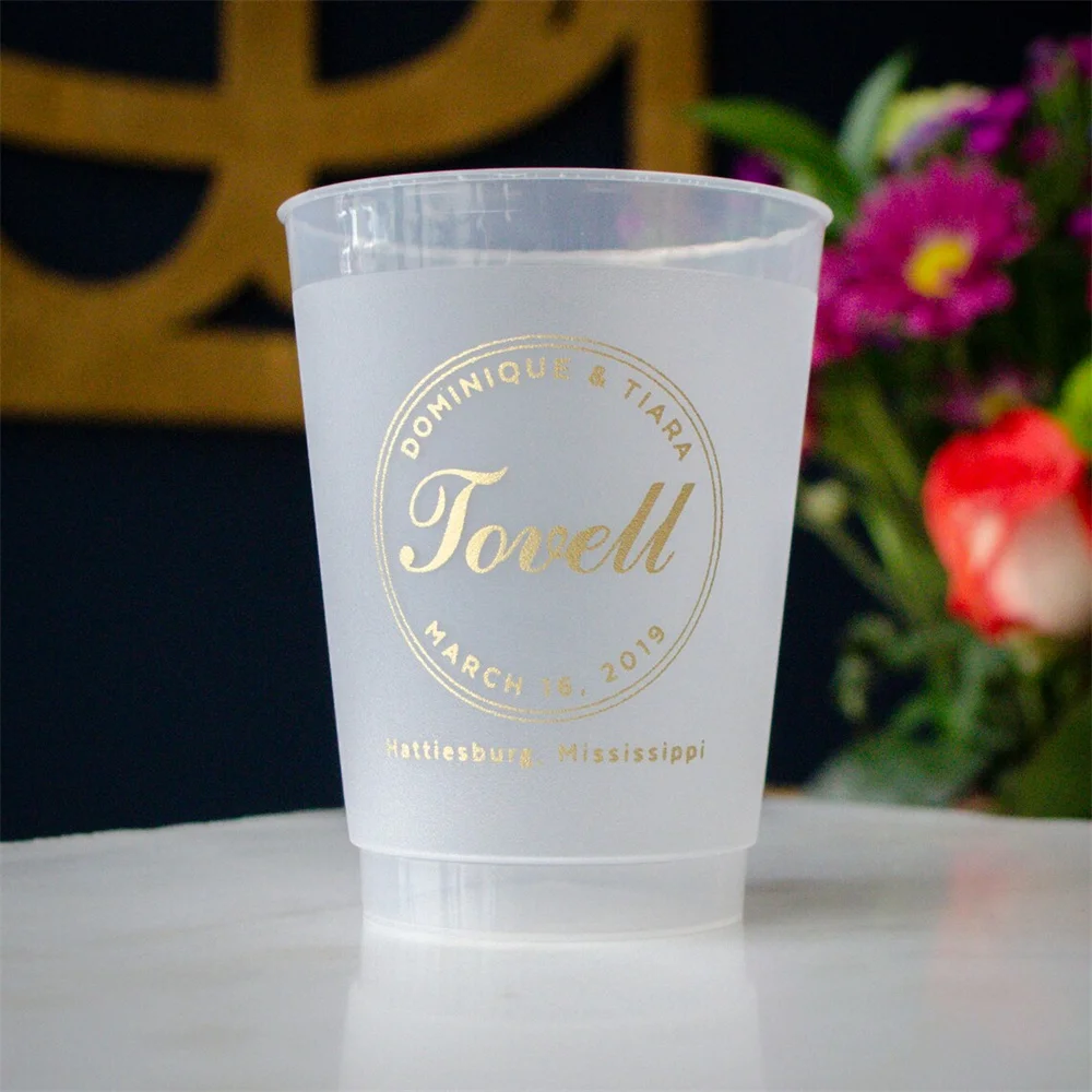 Contemporary Wedding Reception Cups, Modern Design Cocktail Cups, Couples Last Name, Shatterproof Plastic Cup, Metallic Gold Ink