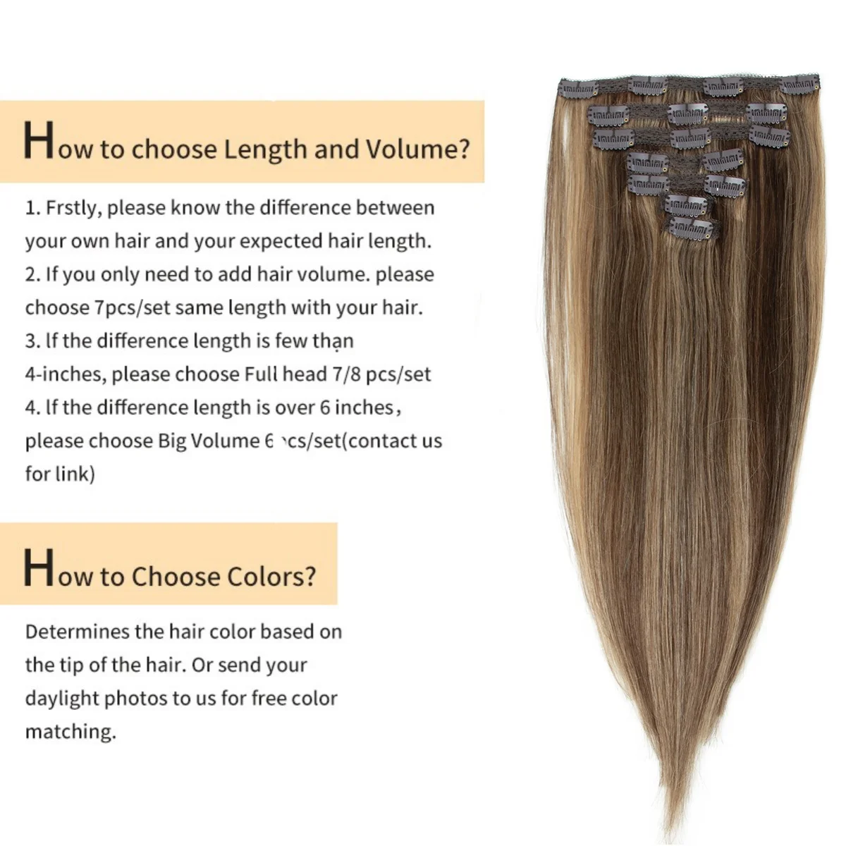 클립형 헤어 익스텐션, 인모, 리얼 피아노 컬러, 내추럴 머신 레미, 더블 웨프트 7피스 클립형 익스텐션, 볼륨업