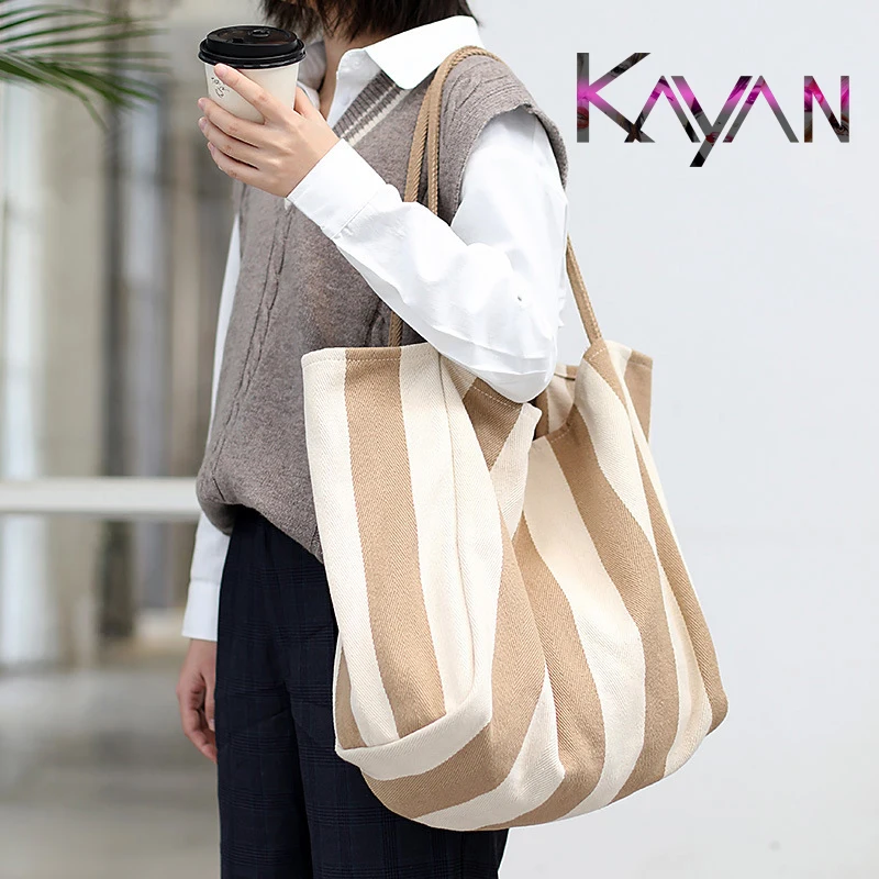 Korean simple retro handbag Casual stripe canvas Women's bag leisure literature large capacity shoulder Shopping bag Student