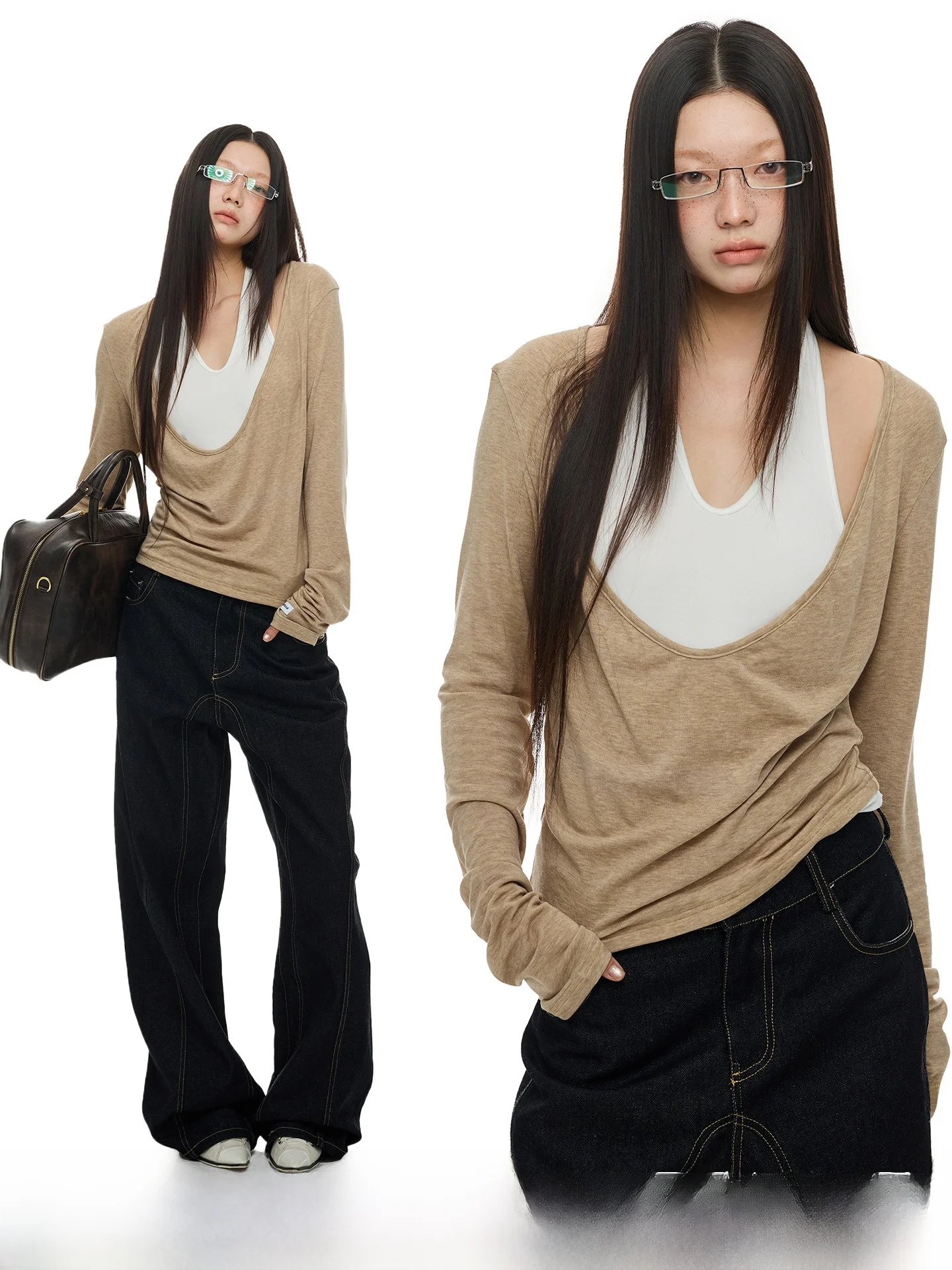 

JIKOO Modal Mo, двухсекционный длинный женский топ све, высокая эластичность, V-Ne, повседневный, из смеси волокна, удобный крой, подвесной