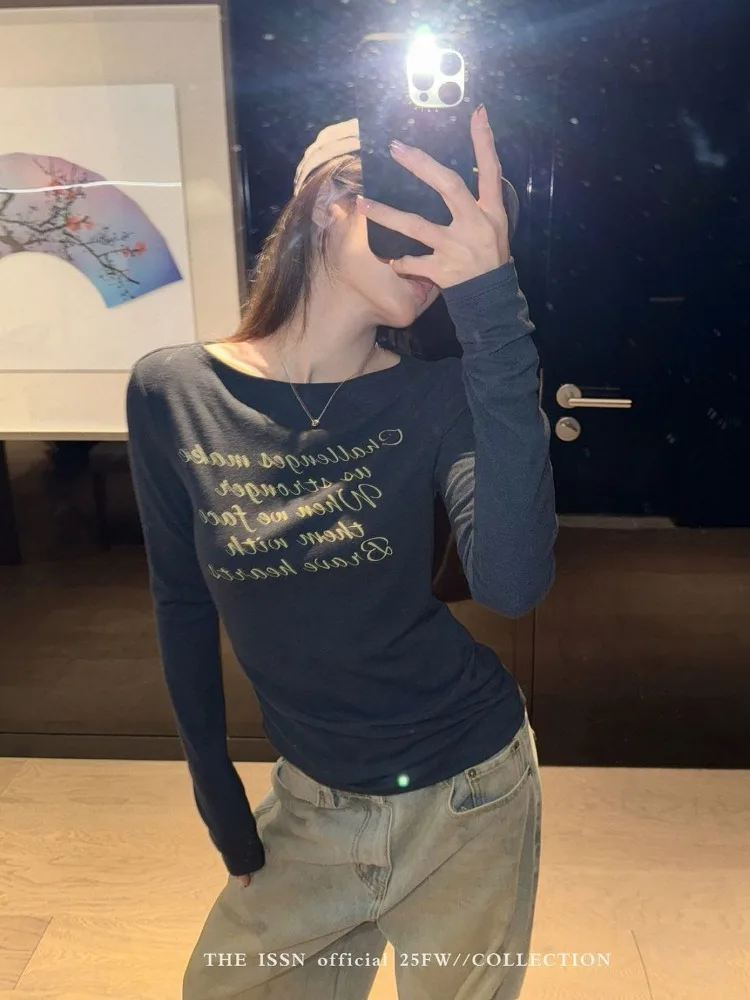 

2024, простая футболка с длинным рукавом и буквенным принтом, женская футболка в американском стиле ретро Y2k, эстетичный дизайн, базовые топы, уличная одежда, футболки с тонкой талией