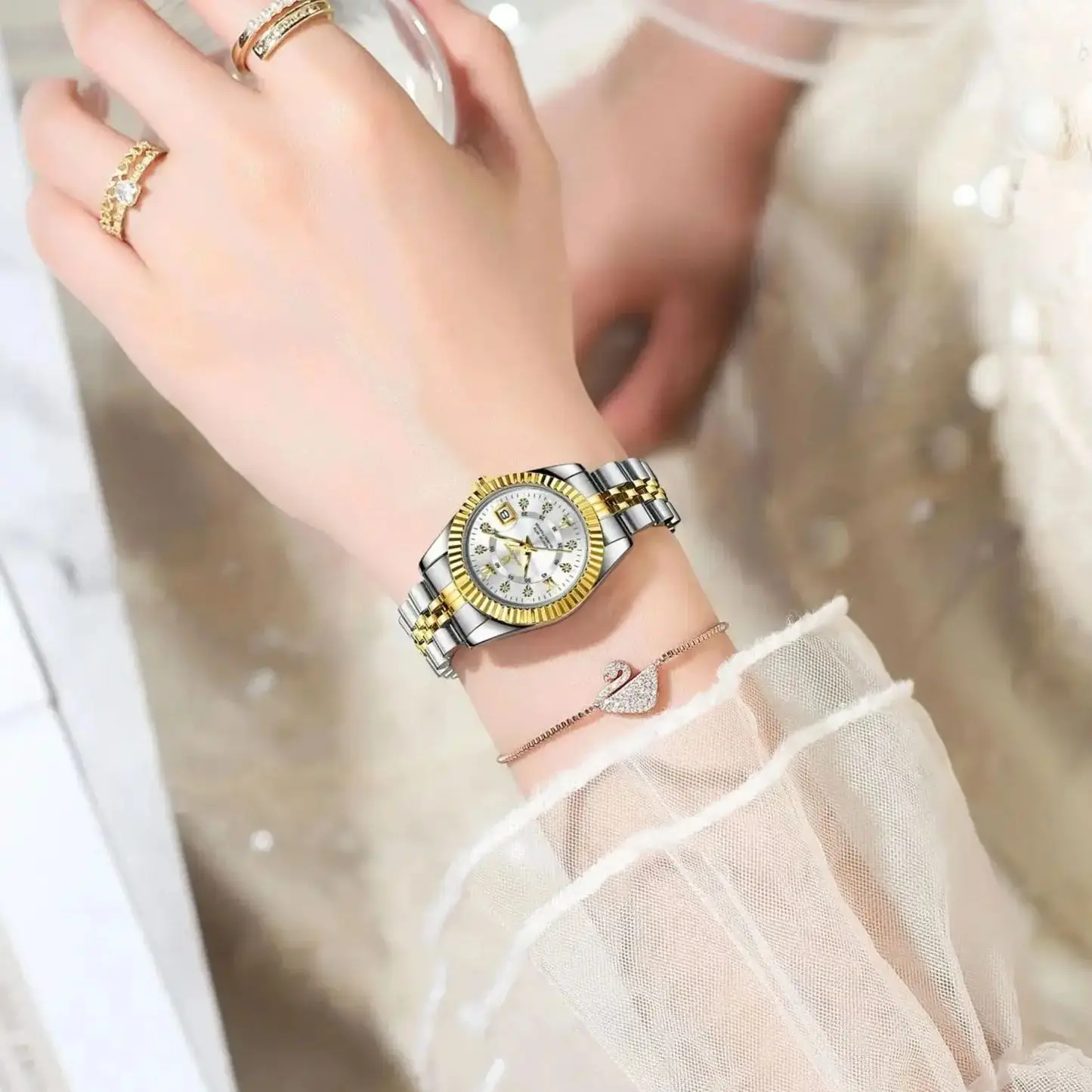 POEDAGAR ساعة نسائية أنيقة مقاومة للماء وتاريخ مضيء ساعة يد رائعة للسيدات من الفولاذ المقاوم للصدأ ساعات كوارتز للنساء