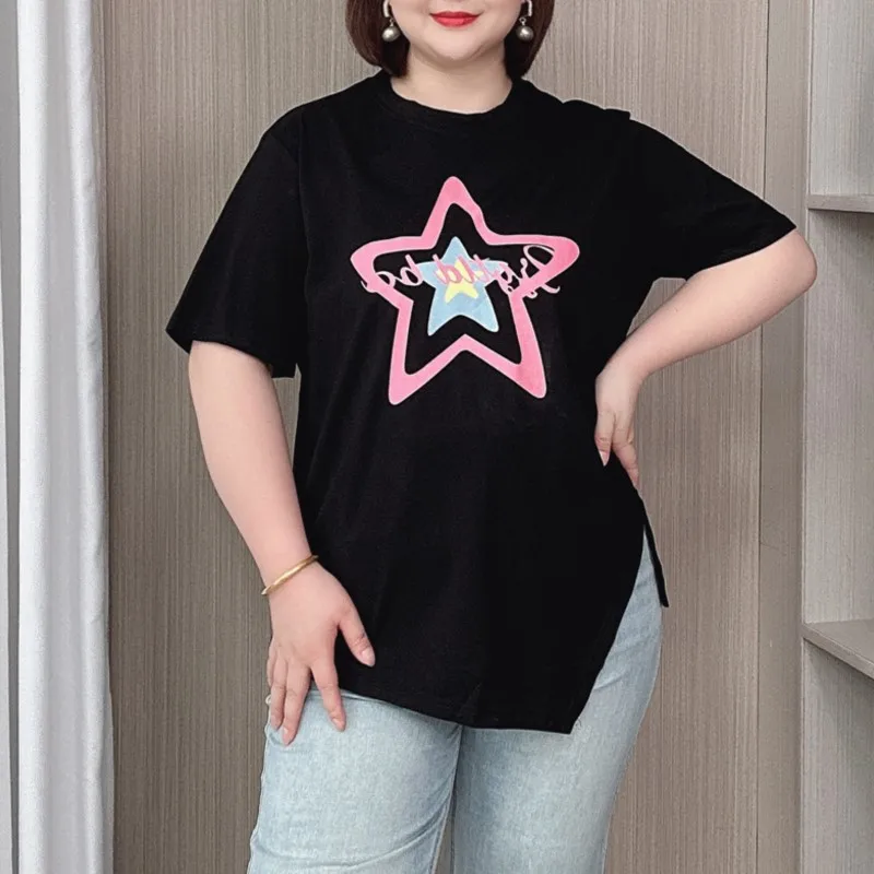 Summer New Plus Size Short Sleeve T-shirt Women Irregular Design Pleated Casual Printed Cotton Tops