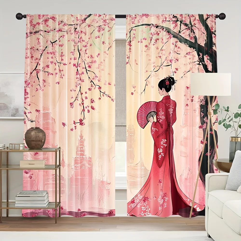 Japanese Geisha Curtain, Pink Cherry Blossom Window Drape, Kimono Girl Blackout Panel, Asian Style Living Room Home Decor