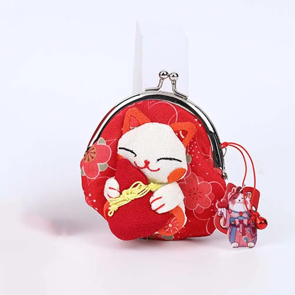 Retro Japanese Style Maneki Neko Coin Purse Flower Printing Wallets Lucky Cat Clutch Bag Storage Bag PU Card Holder Travel