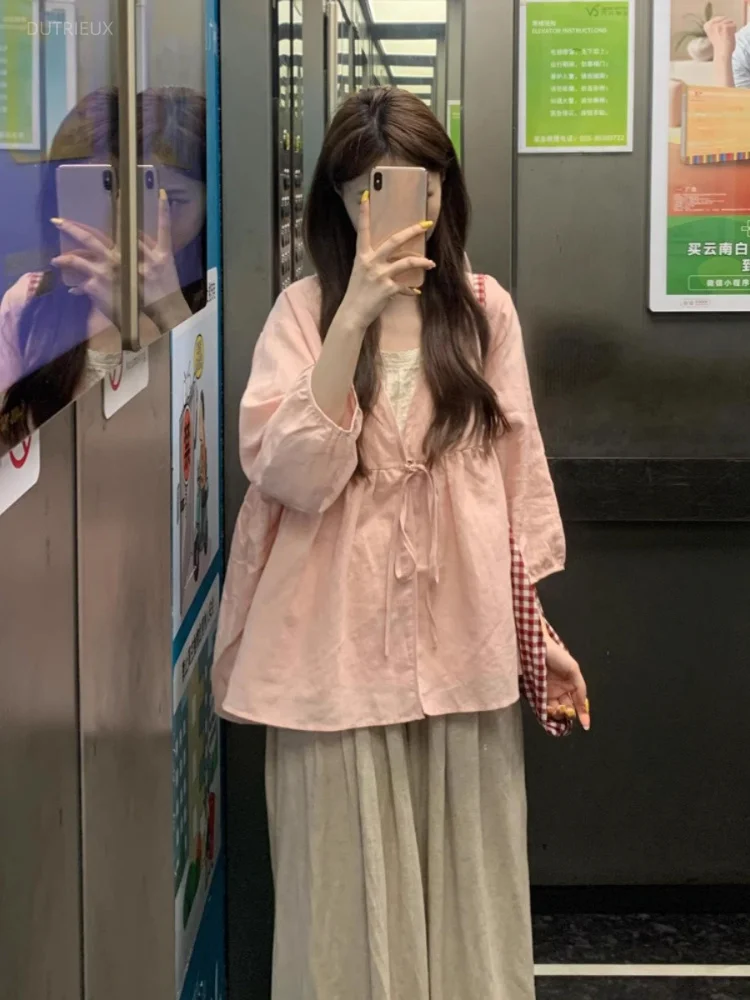 2026 Summer Sun Protection Women Pink Blouse Sweet Y2k Aesthetic Bandage Oversized Tops Harajuku Grunge Pleated Fairy Blouses