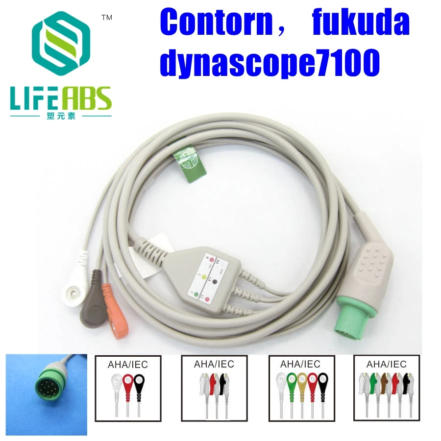 One-Piece Ecg Cable Ekg Cable Iec 3leads 5leads Snap Clip Ecg Ekg for Contorn Fukuda Dynascope7100 Mornitor Machine