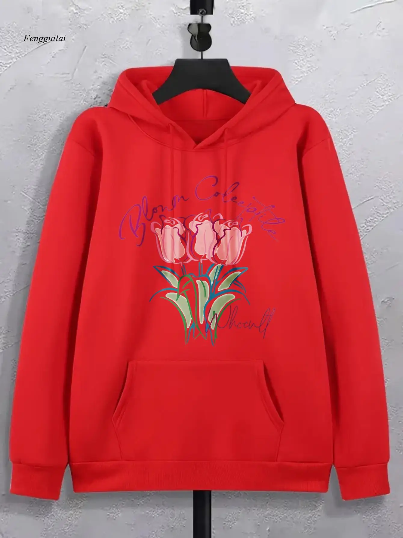 Felpa con cappuccio con stampa di tulipani rosa e foglie verdi, testo "Il mio cuore è come una tulipano" - Pullover casual a maniche lunghe